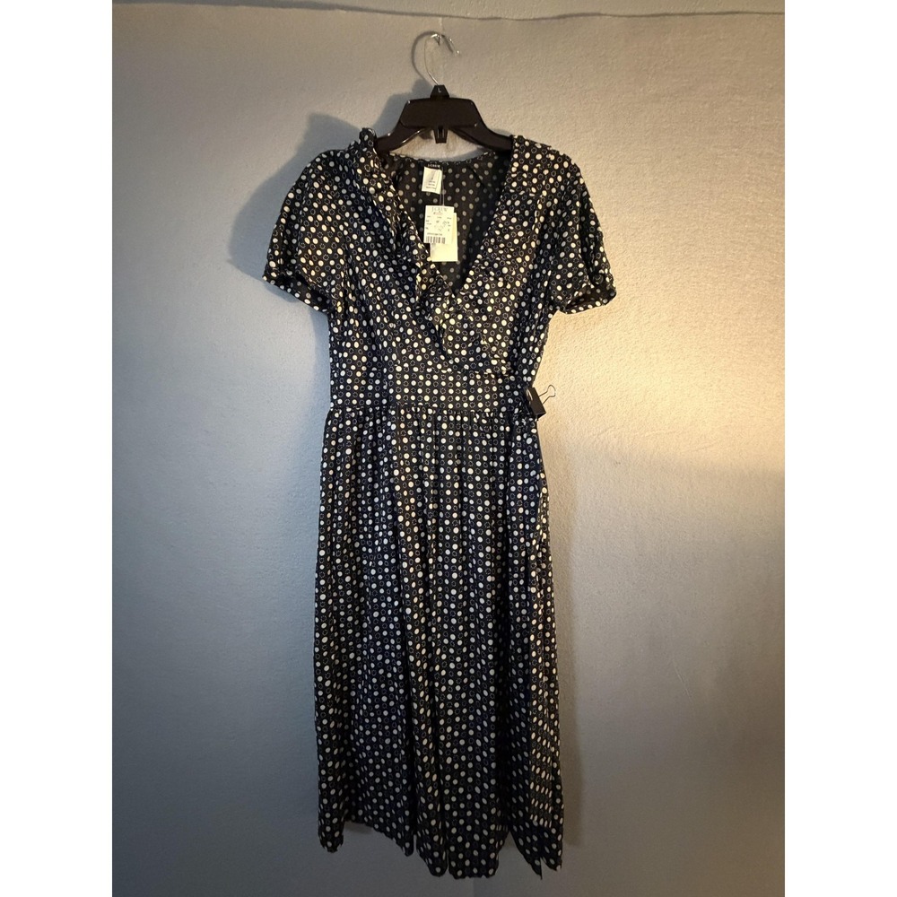 J.‎ Crew Dress Womens 2 Blue Silk Polka Dot Wrap Ruffle Midi Tie Waist V Neck
